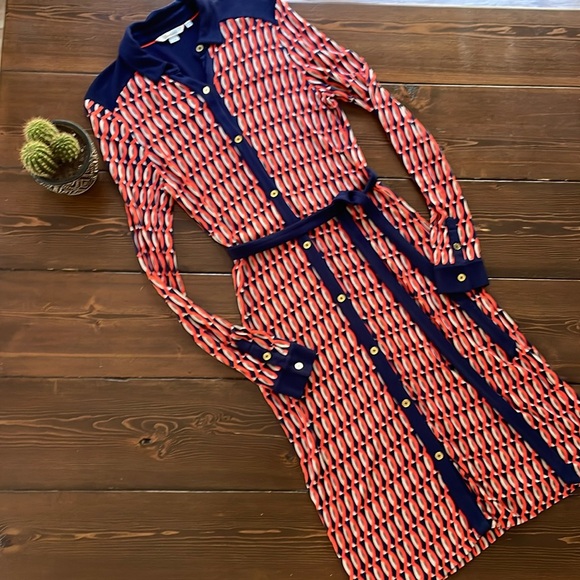 Boden Dresses & Skirts - Boden Navy and Coral Geometric Midi Shirt Dress